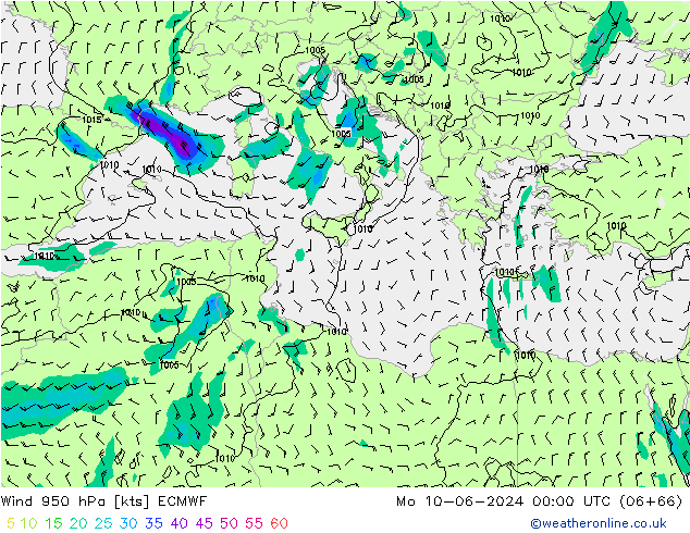 Wind 950 hPa ECMWF Mo 10.06.2024 00 UTC