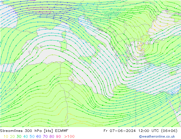 Linia prądu 300 hPa ECMWF pt. 07.06.2024 12 UTC