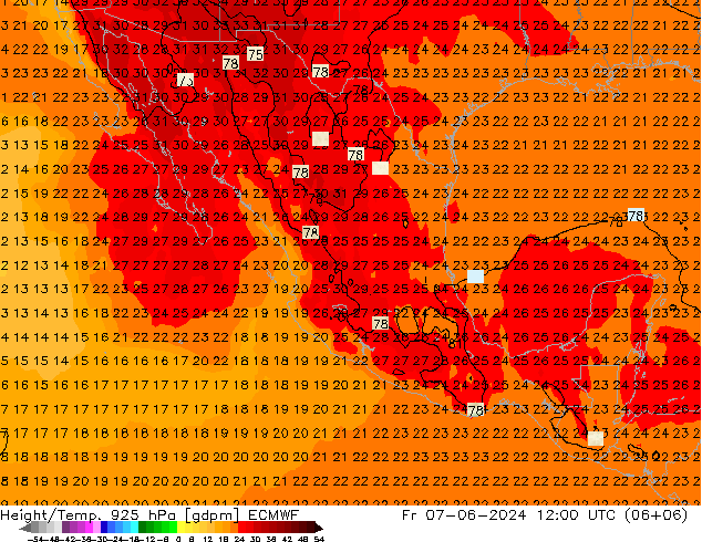 Height/Temp. 925 hPa ECMWF Sex 07.06.2024 12 UTC