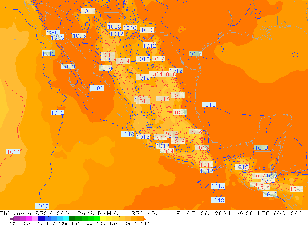 Espesor 850-1000 hPa ECMWF vie 07.06.2024 06 UTC