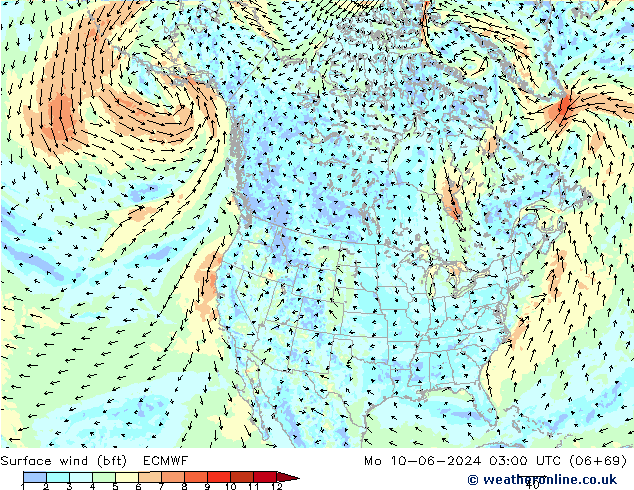 Wind 10 m (bft) ECMWF ma 10.06.2024 03 UTC