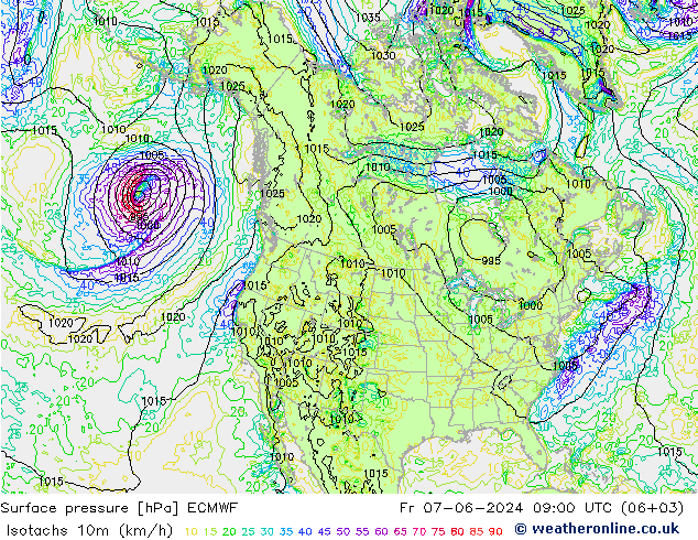 Isotaca (kph) ECMWF vie 07.06.2024 09 UTC