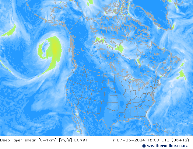 Deep layer shear (0-1km) ECMWF  07.06.2024 18 UTC