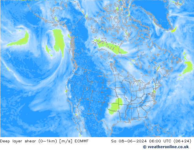 Deep layer shear (0-1km) ECMWF Sa 08.06.2024 06 UTC