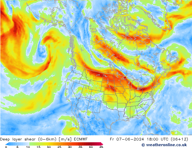 Deep layer shear (0-6km) ECMWF Cu 07.06.2024 18 UTC