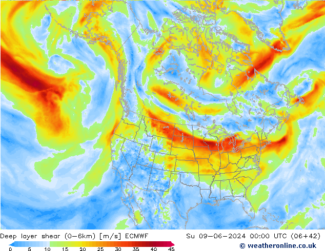 Deep layer shear (0-6km) ECMWF Ne 09.06.2024 00 UTC