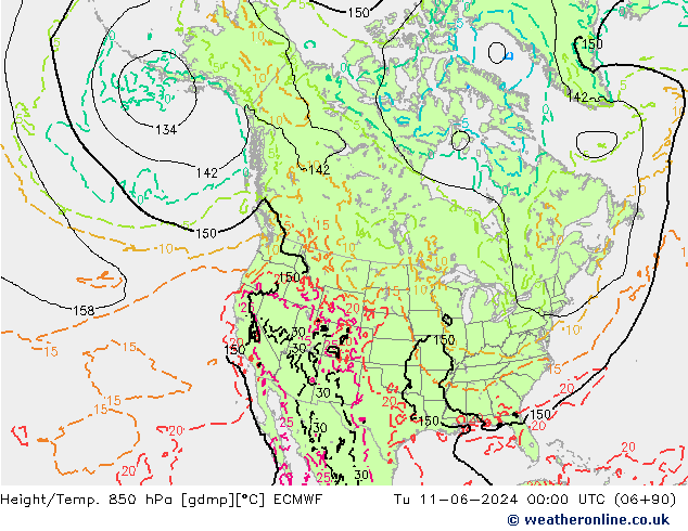 Height/Temp. 850 hPa ECMWF Tu 11.06.2024 00 UTC