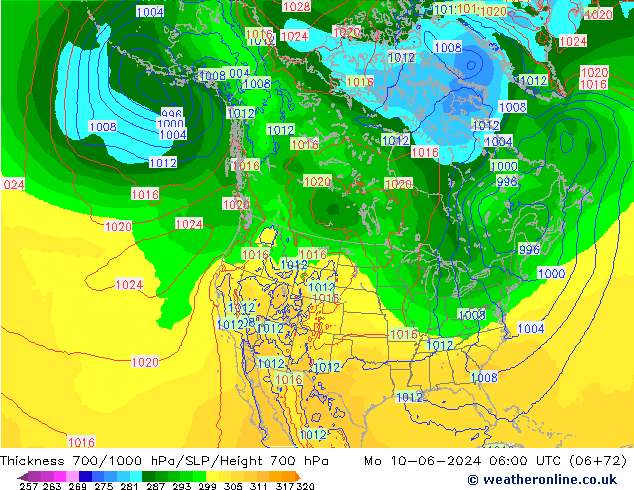 Espesor 700-1000 hPa ECMWF lun 10.06.2024 06 UTC