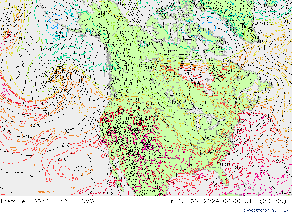 Theta-e 700hPa ECMWF vie 07.06.2024 06 UTC