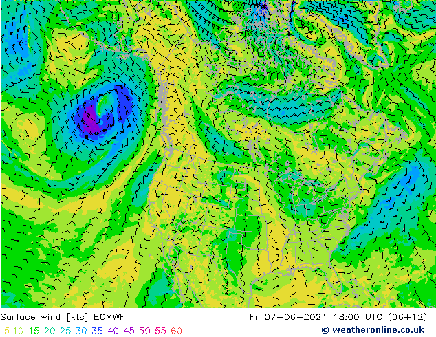 Rüzgar 10 m ECMWF Cu 07.06.2024 18 UTC