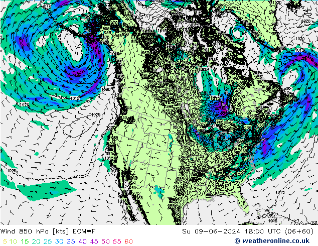 Rüzgar 850 hPa ECMWF Paz 09.06.2024 18 UTC