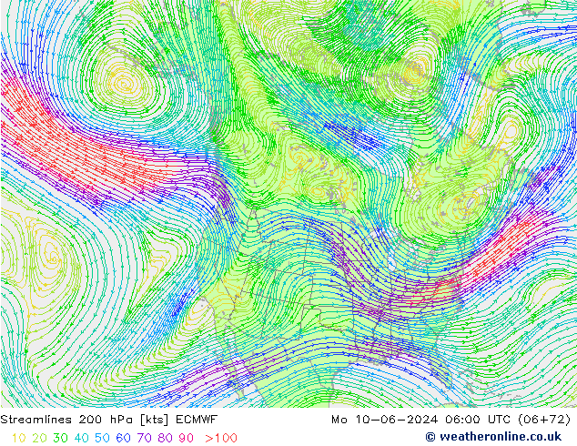 Linha de corrente 200 hPa ECMWF Seg 10.06.2024 06 UTC