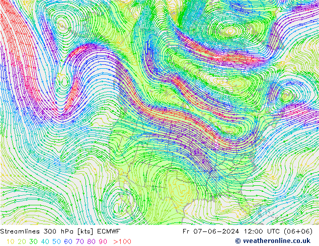 Linia prądu 300 hPa ECMWF pt. 07.06.2024 12 UTC