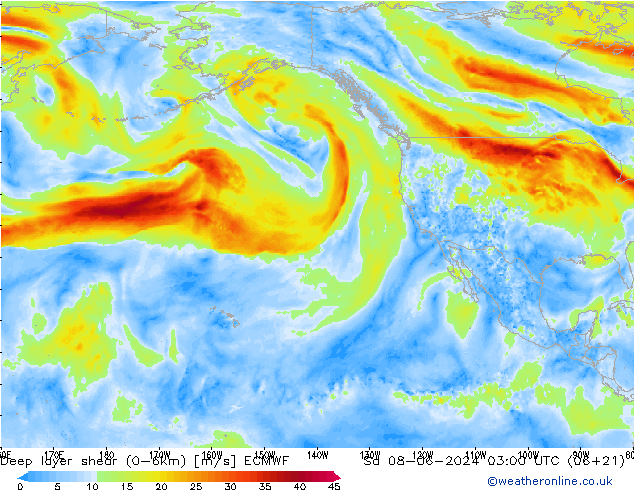 Deep layer shear (0-6km) ECMWF sab 08.06.2024 03 UTC