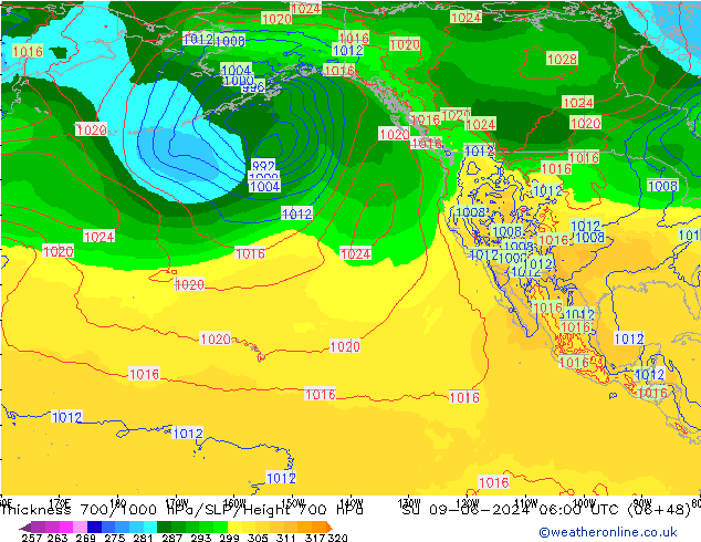 Thck 700-1000 гПа ECMWF Вс 09.06.2024 06 UTC