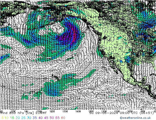 Wind 850 hPa ECMWF zo 09.06.2024 09 UTC