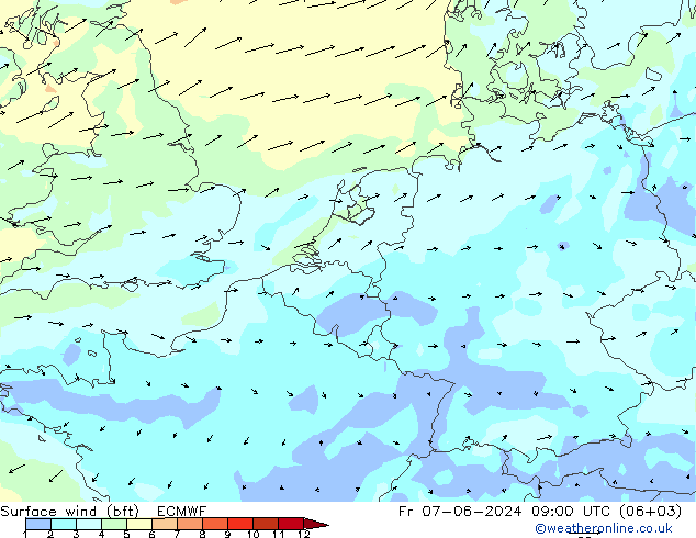 Vento 10 m (bft) ECMWF Sex 07.06.2024 09 UTC