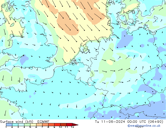 ве�Bе�@ 10 m (bft) ECMWF вт 11.06.2024 00 UTC