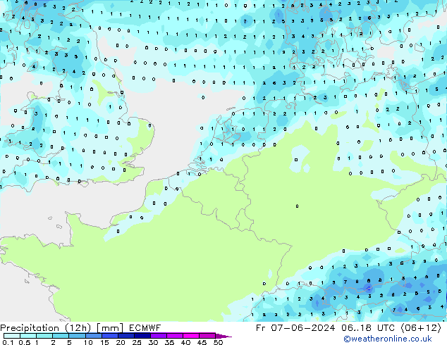 Precipitation (12h) ECMWF Pá 07.06.2024 18 UTC