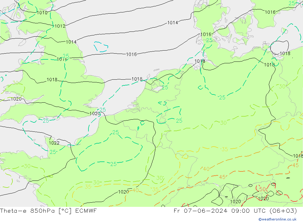 Theta-e 850hPa ECMWF Fr 07.06.2024 09 UTC