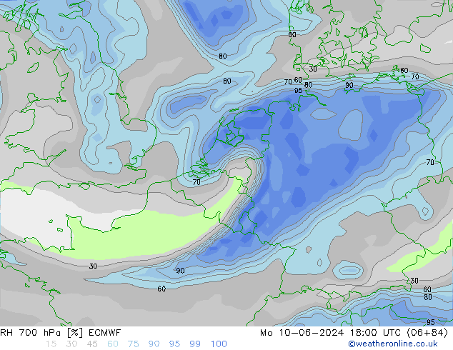 Humedad rel. 700hPa ECMWF lun 10.06.2024 18 UTC