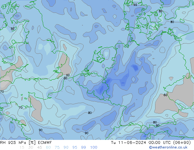 RH 925 hPa ECMWF Tu 11.06.2024 00 UTC