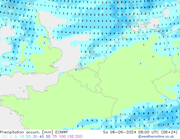 Precipitación acum. ECMWF sáb 08.06.2024 06 UTC