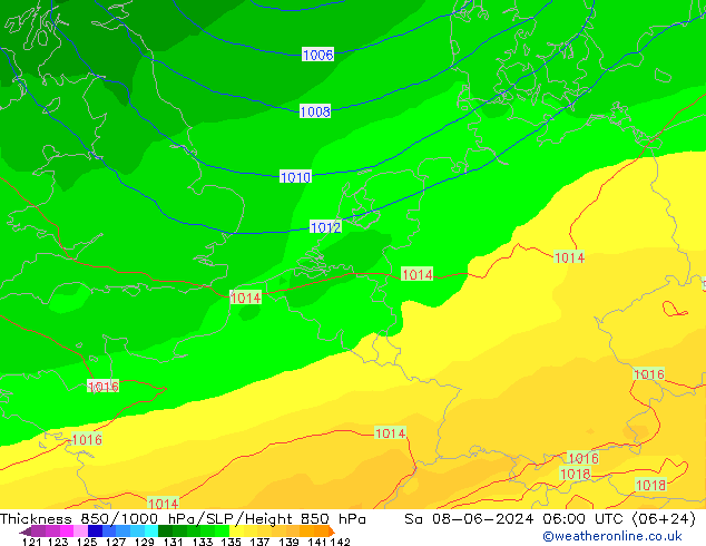 Thck 850-1000 гПа ECMWF сб 08.06.2024 06 UTC