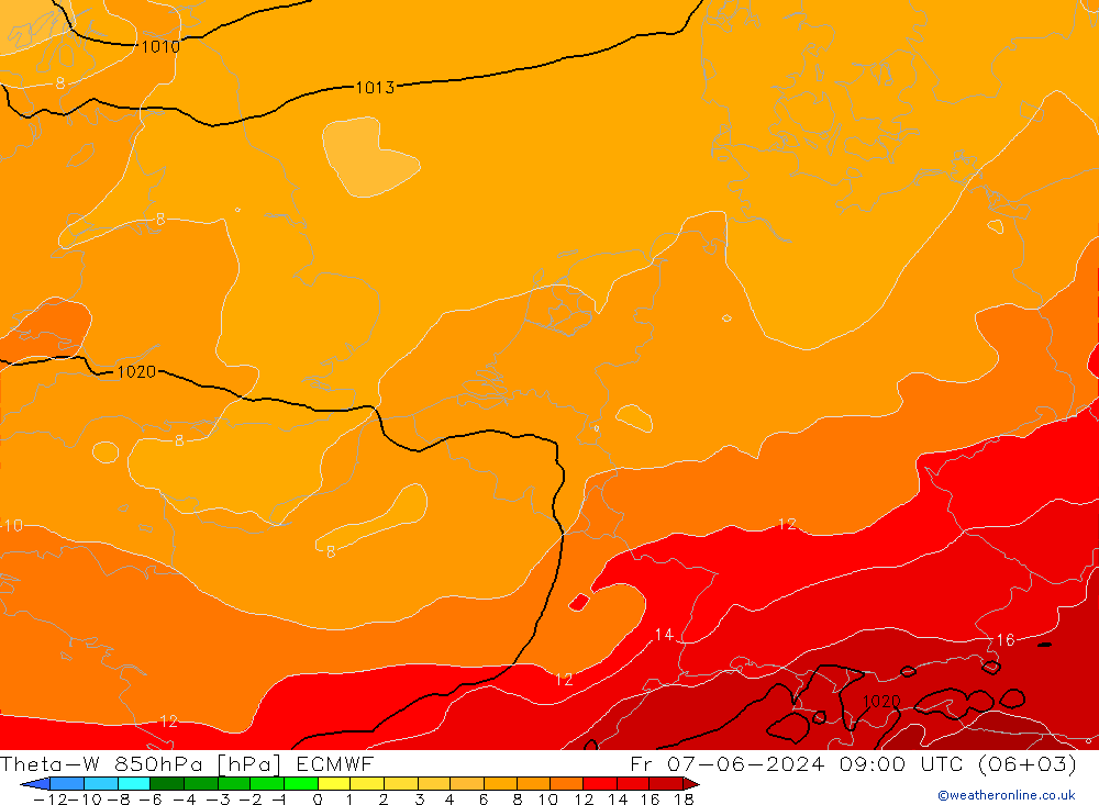 Theta-W 850hPa ECMWF Pá 07.06.2024 09 UTC