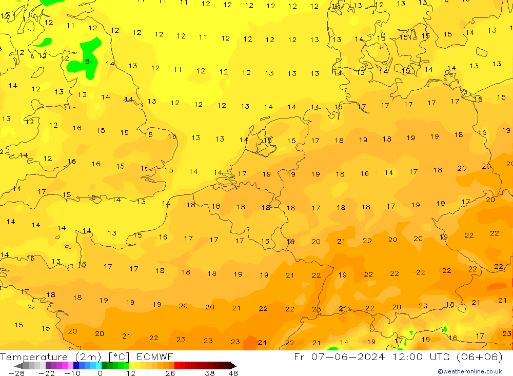 Temperaturkarte (2m) ECMWF Fr 07.06.2024 12 UTC