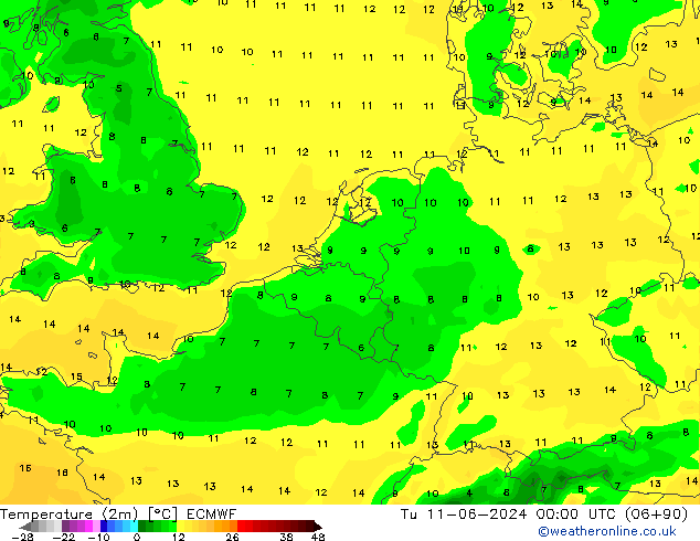 Temperature (2m) ECMWF Tu 11.06.2024 00 UTC