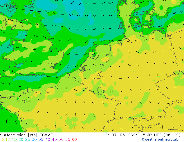 Surface wind ECMWF Pá 07.06.2024 18 UTC