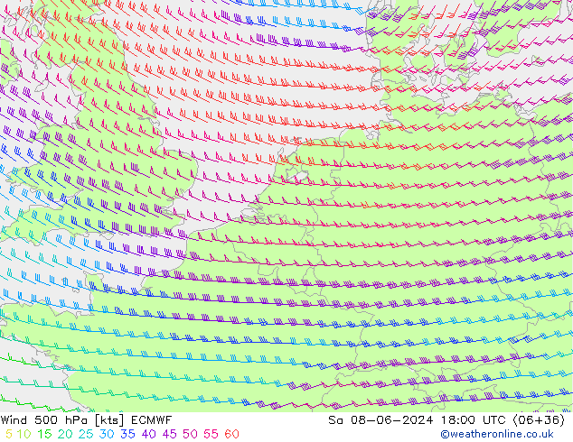 Wind 500 hPa ECMWF Sa 08.06.2024 18 UTC