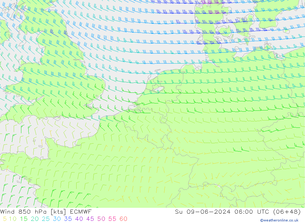 Wind 850 hPa ECMWF Su 09.06.2024 06 UTC