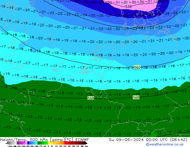 Z500/Rain (+SLP)/Z850 ECMWF Su 09.06.2024 00 UTC