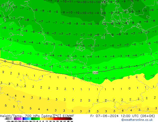 Height/Temp. 700 hPa ECMWF  07.06.2024 12 UTC