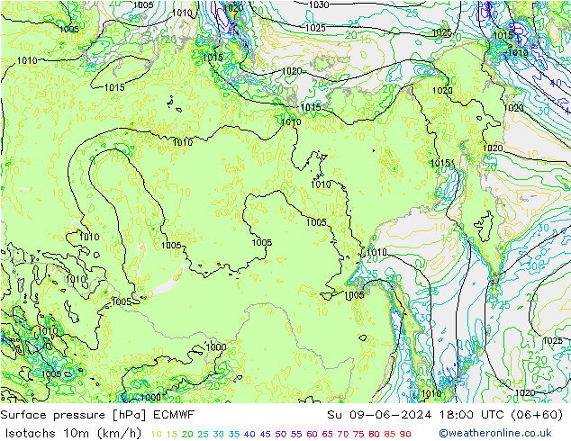 Isotachen (km/h) ECMWF zo 09.06.2024 18 UTC