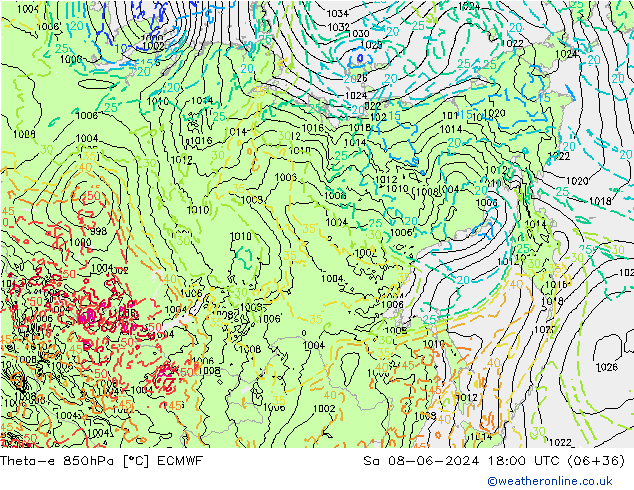 Theta-e 850hPa ECMWF so. 08.06.2024 18 UTC