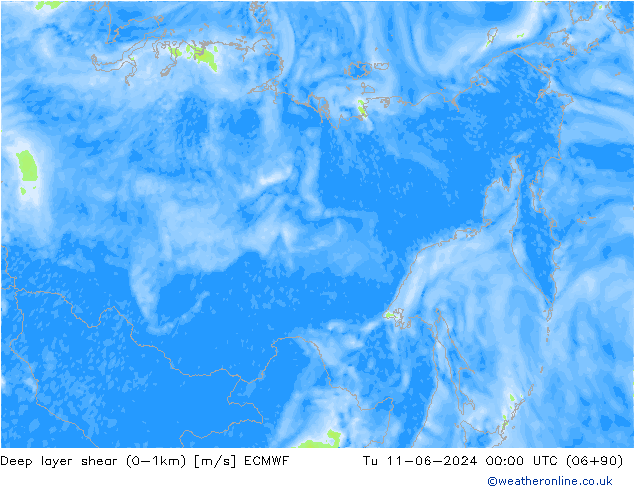 Deep layer shear (0-1km) ECMWF Tu 11.06.2024 00 UTC