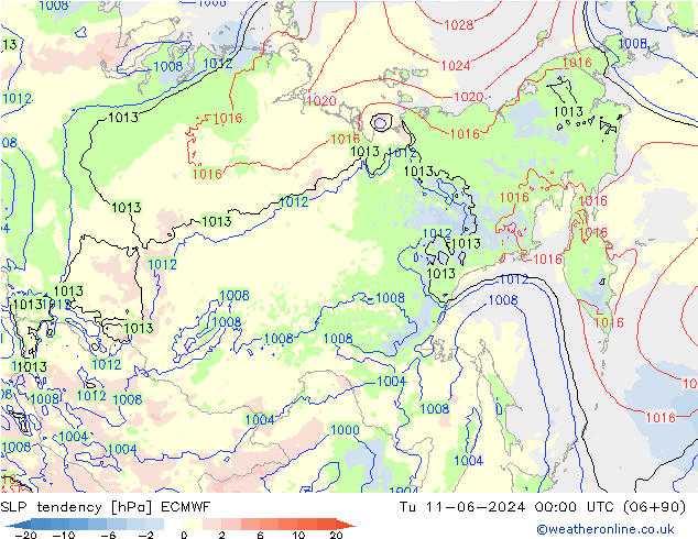 SLP tendency ECMWF Tu 11.06.2024 00 UTC