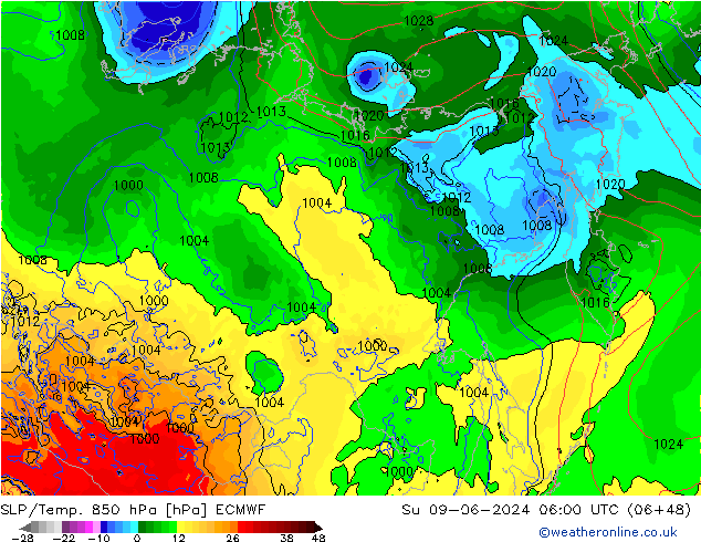 SLP/Temp. 850 hPa ECMWF Ne 09.06.2024 06 UTC