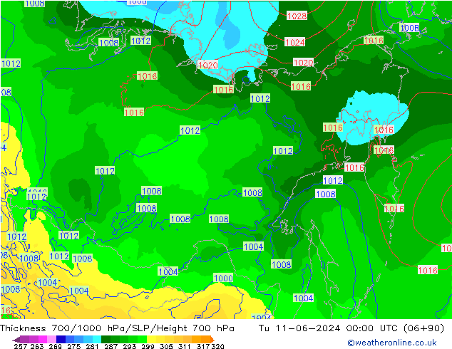 Thck 700-1000 hPa ECMWF Tu 11.06.2024 00 UTC