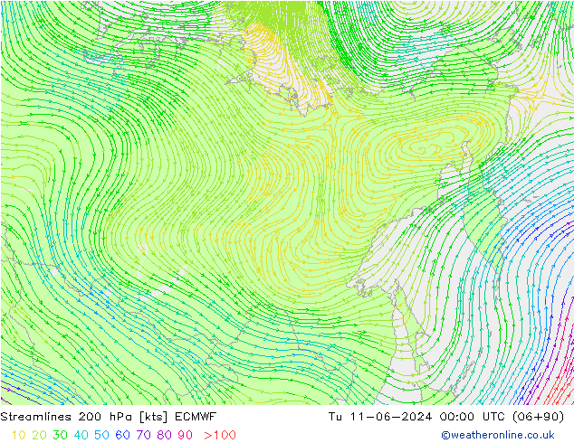 Linea di flusso 200 hPa ECMWF mar 11.06.2024 00 UTC