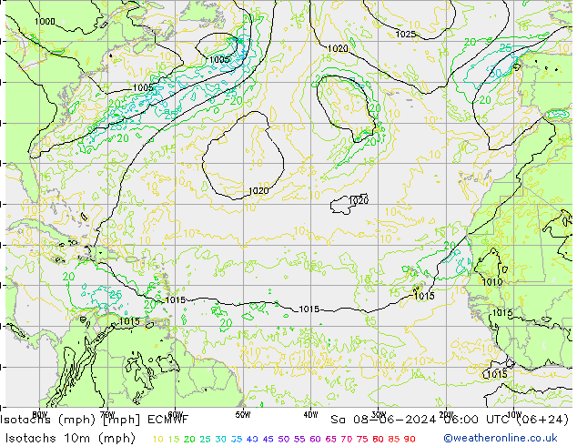 Isotachs (mph) ECMWF Sa 08.06.2024 06 UTC