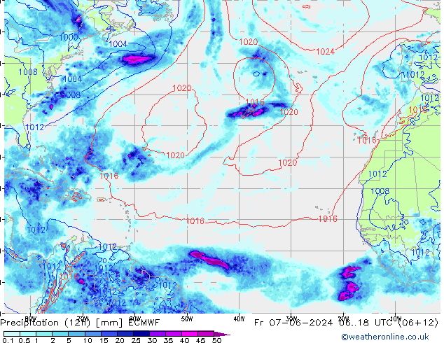 Precipitation (12h) ECMWF Pá 07.06.2024 18 UTC