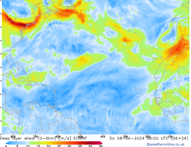 Deep layer shear (0-6km) ECMWF Sáb 08.06.2024 06 UTC
