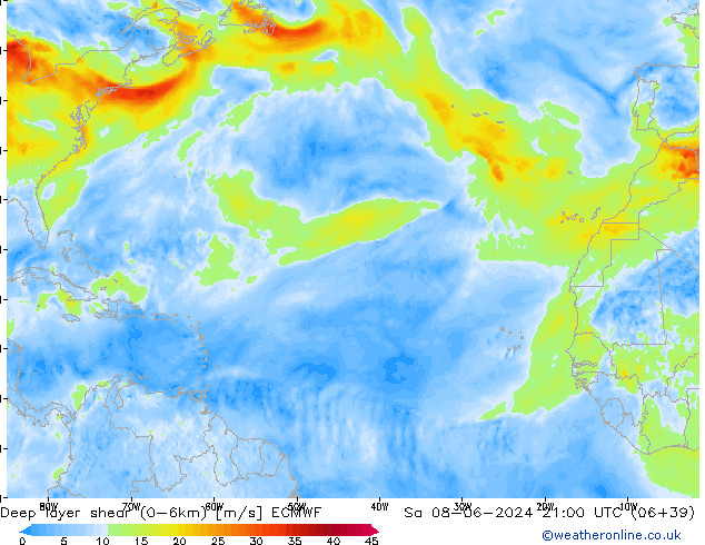 Deep layer shear (0-6km) ECMWF Sa 08.06.2024 21 UTC