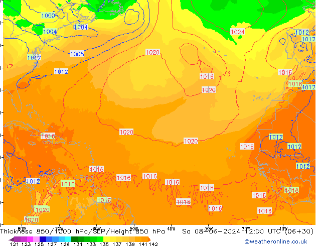 Espesor 850-1000 hPa ECMWF sáb 08.06.2024 12 UTC