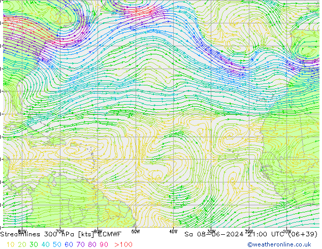 Linia prądu 300 hPa ECMWF so. 08.06.2024 21 UTC