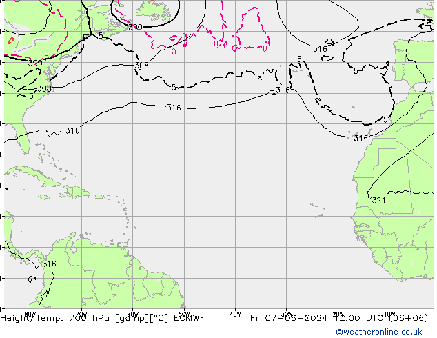 Height/Temp. 700 hPa ECMWF Fr 07.06.2024 12 UTC